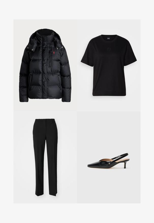 Jachetă puffer neagră cu guler înalt, glugă detașabilă, fermoar frontal, cusături orizontale și un logo roșu în partea stângă sus.; T-shirt negru din bumbac, cu guler rotund, mâneci scurte și un logo brodat pe piept. Design simplu, cu o croială relaxată și fără modele.; Pantaloni negri tailor-ed cu un design drept, având o textură fină și cute clare pe față. Fără elemente de prindere vizibile.; Pantofi slingback din piele patent neagră, cu vârf ascuțit, toc mic și un design cu decupaj pe partea superioară. Accente din metal auriu pe laterale.