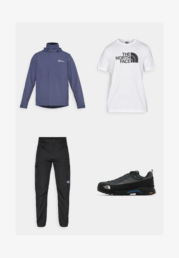 Mørkeblå vandtæt jakke med høj krave, justerbar hætte og logo. Har lange ærmer og lige snit for komfort.; Hvid bomulds T-shirt med sort grafisk print, der inkluderer tekst og et buet logodesign. Rund halsudskæring og korte ærmer. Ensartet tekstur.; The North Face HORIZON PANT - Outdoorbukser - black; The North Face VERTO ALPINE GORE TEX - Hikingsko - asphalt grey/tnf black