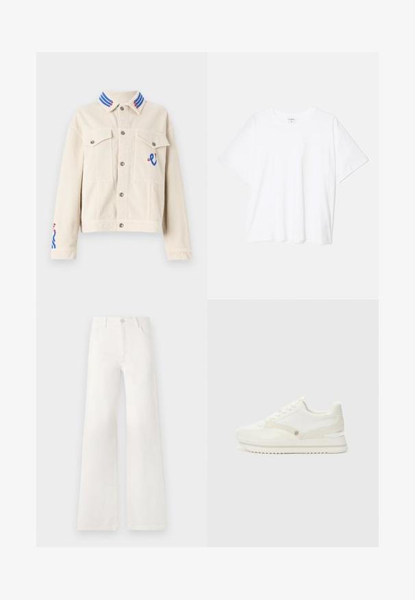Kremna žametna jakna skrajšane dolžine z modrimi in rdečimi črtami na ovratniku, izvezenimi detajli, dvema sprednjima žepoma in srebrnimi pritiskači.; Bela bombažna majica s kratkimi rokavi, okroglim izrezom, sproščenim krojem in šivanim robom. Oznaka vidna na notranji strani izreza.; Bela, visoko pasovana široka obrtnica iz denima. Ima zaponko, dva sprednja žepa in stranske šive s podrobnostmi šivanja.; Bele teniske z mešanico gladkih in teksturiranih materialov, z diskretnim logotipom, zavezovanjem in cik-cak podplatom.