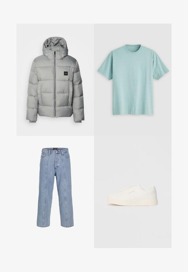 Grå puffjakke med hette, med glidelås, quiltet design og en liten svart logo-patch på venstre bryst. Glatt tekstur.; Lyseblå t-skjorte med rund hals laget av bomull, med korte ermer og en liten logo på venstre brystområde. Slett tekstur.; Lyse blå denimjeans med løs passform, vide ben og synlige sømdetaljer. Har en knapp- og glidelåsåpning samt fem lommer.; Hvite slip-on joggesko med teksturert overflate, tykk såle og minimalistisk design. Har merkevarelogo på siden.