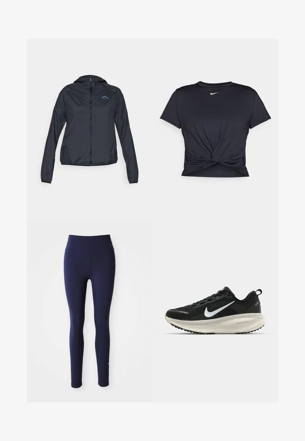 Giacca a vento leggera di colore blu navy, con zip completa, cappuccio e logo sulla parte superiore sinistra del petto. Tessuto liscio e resistente all'acqua.; Maglietta atletica nera realizzata in tessuto liscio, con un design anteriore annodato e un piccolo logo Nike bianco sul petto.; Leggings navy senza cuciture con vita alta, realizzati in materiale elasticizzato. Presentano un logo discreto sulla parte inferiore della gamba, con una texture liscia in tutto il capo.; Scarpa da corsa nera Nike con tomaia in rete traspirante, logo Swoosh bianco, dettagli testurizzati e intersuola ZoomX di colore crema.
