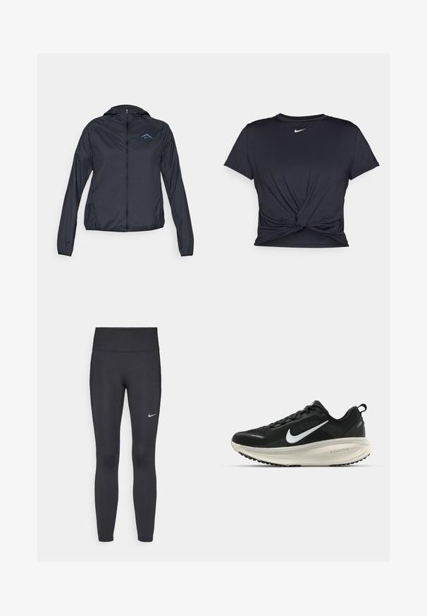Veste coupe-vent légère de couleur bleu marine avec fermeture éclair intégrale, capuche et logo sur le haut à gauche de la poitrine. Tissu lisse et résistant à l'eau.; T-shirt de sport noir en tissu lisse, avec un design avant noué et un petit logo Nike blanc sur la poitrine.; Leggings noirs en tissu extensible, dotés d'une taille haute et d'un logo Nike blanc sur la cuisse gauche. Texture lisse, design ajusté.; Baskets de course noir Nike avec tige respirante en mesh, logo swoosh blanc, détails texturés et semelle intermédiaire ZoomX de couleur crème.