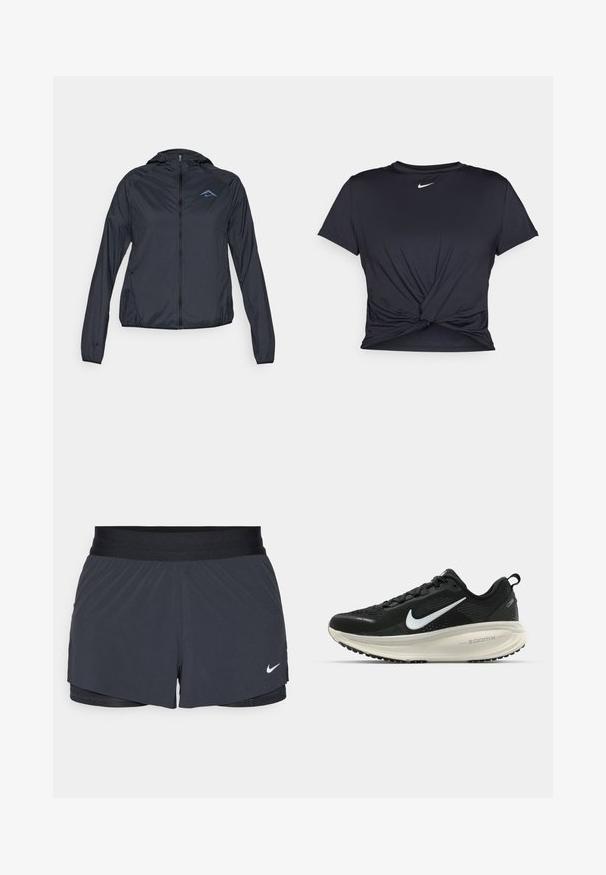 Lichte, marine blauwe windbreaker met een volledige rits, capuchon en logo op de bovenste linkerkant van de borst. Glad, waterafstotend stof.; Zwarte sportieve T-shirt van gladde stof, met een geknoopt ontwerp aan de voorkant en een klein wit Nike-logo op de borst.; Zwarte sportshorts met een elastische tailleband, met een gelaagd ontwerp en een klein wit Nike-logo aan de onderkant links. Lichtgewicht materiaal.; Zwarte Nike hardloopschoen met ademend mesh bovenwerk, witte swoosh-logo, gestructureerde details en een crèmekleurige ZoomX middenzool.