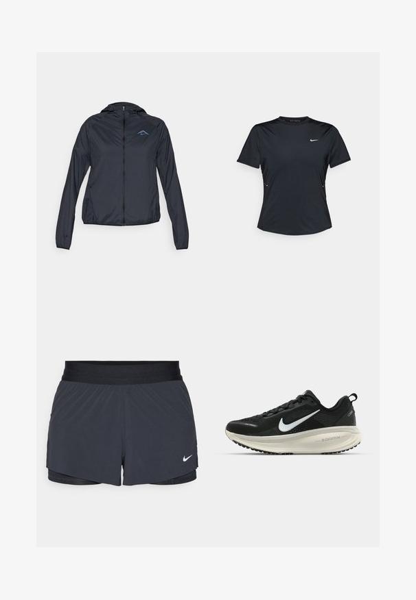 Lettvekts, navy blå vindjakke med full glidelås, hette og logo på øvre venstre bryst. Glatt, vannavvisende stoff.; Svart kortermet treningstrøye laget av lett, fukttransporterende stoff. Har rund hals og liten hvit Nike-logo på brystet.; Sorte treningshorts med elastisk midjebånd, med lagdelt design og liten hvit Nike-logo på nederste venstre side. Lett materiale.; Svart Nike løpesko med pustende mesh-overdel, hvit swoosh-logo, teksturert detaljer og en kremfarget ZoomX mellomsåle.