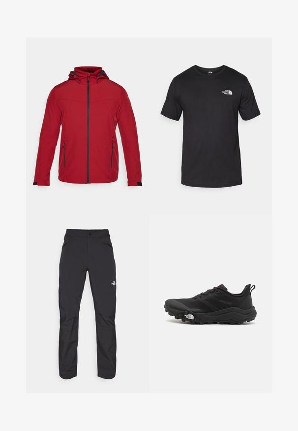 Chaqueta suave roja con cremallera frontal, capucha ajustable y dos bolsillos laterales. Presenta detalles en negro y una tela texturizada.; Camiseta negra de manga corta, hecha de algodón, con un cuello redondo y un pequeño logo blanco en la parte superior izquierda del pecho.; Pantalones exteriores negros con un bolsillo frontal con cremallera, material sintético, piernas ajustadas y paneles de rodilla reforzados. Cuenta con un cierre de botón.; Zapatilla de trail running negra con upper texturizado, suela de goma y puntera reforzada. Presenta un collar acolchado y una lengüeta para poner y quitar fácilmente.
