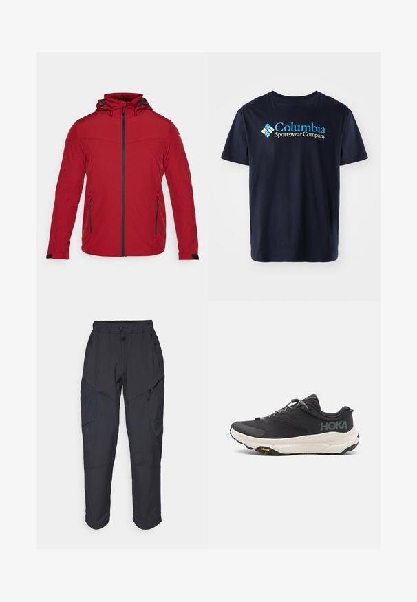 Rode softshell jas met een ritssluiting aan de voorkant, verstelbare capuchon en twee zijzakken. Voorzien van zwarte accenten en een gestructureerde stof.; Columbia BASIC LOGO™ SHORT SLEEVE - T-shirt print - black; Zwarte cargo pants gemaakt van een lichtgewicht, waterafstotend materiaal; voorzien van een elastische tailleband, meerdere met rits gesloten zakken en taps toelopende pijpen.; Zwarte sportschoen met een gestructureerde bovenkant, grijze accenten, reflecterende details en een dikke witte zool met Vibram-logo.