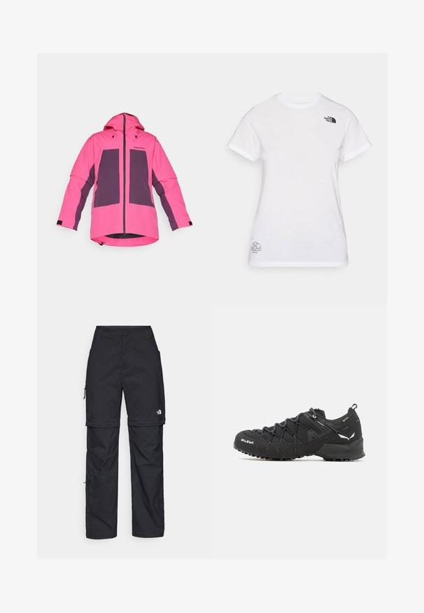 Bright pink waterproof jacket with purple panels, a hood, front zip closure, and adjustable cuffs; features a sleek, functional design.; White cotton t-shirt featuring a black logo on the left chest and a gray graphic design at the bottom right. Classic crew neck and short sleeves.; Black nylon zip-off cargo trousers with adjustable cuffs, multiple pockets, and a logo on the right leg. Smooth, lightweight texture.; Black hiking shoes with a textured fabric upper, lacing system, and rugged rubber sole. Accented with reflective details and logos.