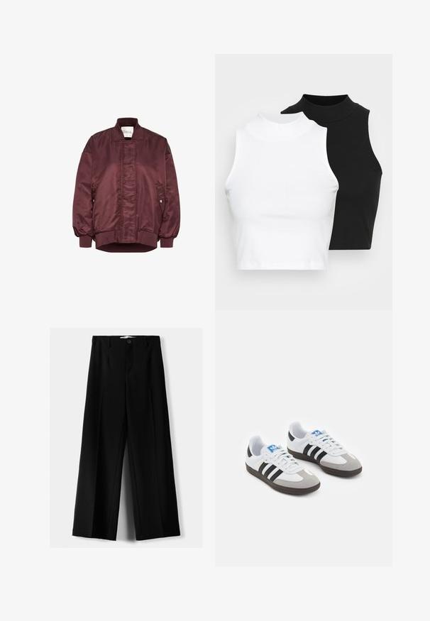 Burgundská bomber bunda z hladkej saténovej látky, s klasickým golierom, elastickými manžetami a bočnými vreckami so zacvakávacími uzávermi.; Dve bezrukávové rebrované roláky v čiernej a bielej farbe, pričom majú priliehavý strih a hladkú textúru, s krátkou dĺžkou.; Čierne široké nohavice z ľahkého materiálu, s predným zapínaním na gombík a plochým predným dielom, s pekne ušitými lemami.; Športové topánky s bielym koženým zvrškom, šedou semišovou špičkou a tromi čiernymi pruhmi. Obsahujú modré logo na jazyku a štruktúrovanú gumovú podrážku.