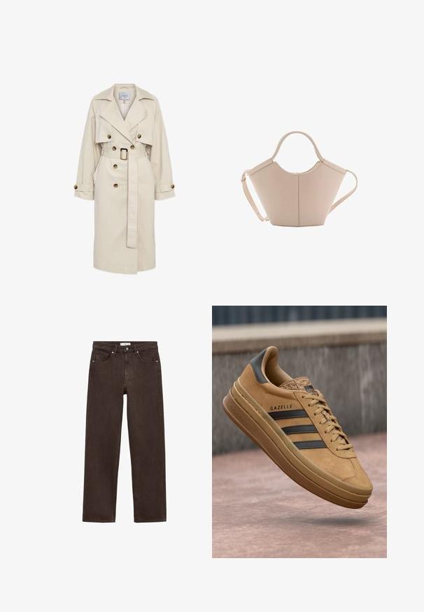 Bežový trenčkot s opaskom v páse, dvojradovým zapínaním, veľkými goliermi a gombíkovými manžetami. Hladká tkanina a klasické dizajnové detaily.; Mäkký béžový sveter s dlhým rukávom a okrúhlym výstrihom, s rebrovými rukávmi, spodným lemom a výstrihom, vystavený položený na bielom pozadí.; Hnedé široké nohavice z denimového materiálu, s klasickým dizajnom piatich vreciek, zapínaním na gombík a jemnými prešívacími detailmi.; Svetlé semišové tenisky s hladkým povrchom, obsahujúce tri tmavé pruhy, zaoblenú špičku a hrubšiu podrážku so vzorovaným okrajom.; Béžová kožená kabelka s unikátnym tvarom, vybavená dvoma krátkymi uchami a jedným dlhým nastaviteľným popruhom. Hladký povrch s minimálnym kovovým príslušenstvom.