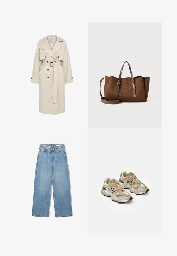 Beige Trenchcoat mit tailliertem Gürtel, doppelter Knopfleiste, großen Revers und geknöpften Ärmeln. Glatter Stoff und klassische Designdetails.; Helle beige Spaghettiträgershirt aus weichem Stoff, mit dünnen, verstellbaren Trägern und einem V-Ausschnitt sowie einer leicht lockeren Passform.; Hellblaue weite Jeans aus Denim, mit hoher Taille, fünf Taschen, Knopfverschluss und dezentem Verblassen für Textur.; Beige Sneaker aus Mesh- und Wildledermaterialien. Mit einem schwarzen Logo und strukturierten Akzenten. Dicke weiße Zwischensohle und schwarze Gummisohle.; Braune Wildleder-Tote mit strukturierter Form, doppelten Ledergriffen, verstellbarem Schultergurt und goldfarbenen Hardware-Akzenten.