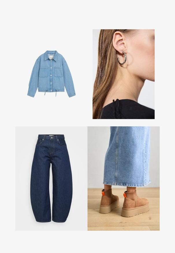 Traper jakna svijetloplave boje s dugmadi sprijeda, dva džepa na prsima, podesivim rubom s vezicom i dugim rukavima s detaljima na manžetama.; Dva bodija dugih rukava u bijeloj i crnoj boji. Napravljen od glatkog materijala, s okruglim dekolteom i gaćicama za izazovno nošenje.; Tamne tamno tamno tamno tamno tamno tamno tamno tamno tamno tamno tamno tamno tamno tamno tamno tamno tamno tamno tamano tamno tamno tamno tamno tamno tamno tamno tamno; Smeđe suede platform čizme s elastičnim bočnim panelima i narančastim vučnim trakama, uparenim s suknjom od svijetlog denima do koljena na drvenom podu.; Srebrna kružna naušnica s poliranim završetkom, koja ima male zlatne detalje i okrugli oblik, nošena na uhu.