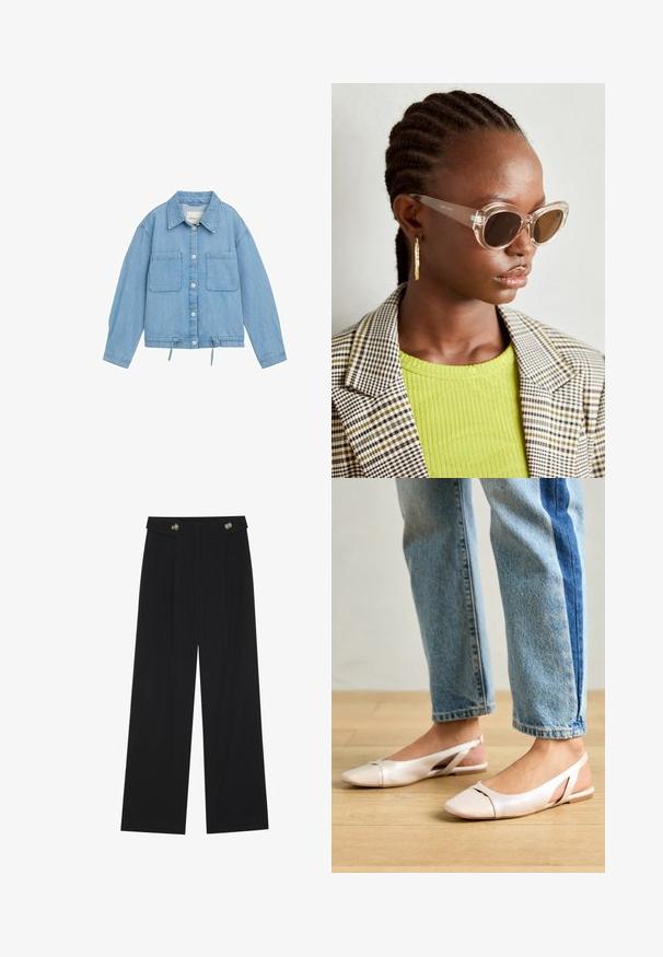 Hele sinine teksajakk, millel on nööpidega esikülg, kaks rindkere taskut, reguleeritav nööriga allserv ja pikad varrukad koos mansettide detailiga.; Valge lühikeste varrukatega t-särk, mis on valmistatud pehmest puuvillast. Omab ümmargust kaelust ja mugavat lõiget. Puhtad jooned, ilma nähtavate mustrite või aktsentideta.; Mustad laiad püksid kõrge vöökoha ja nööpdetailidega vööandil, esikortsudega.; Kahvatu roosa slingback lapikute jalatsite paar, millel on terav varvas, valmistatud siledast nahataolisest materjalist. Omab külgedel lõikekohti ja lapikut kontsa.; Selged kassikujulised prillid pruuni läätsedega ja läbipaistvate raamidega. Mudel kannab roheline sooniktopi ja ruudulist bleiserit. Kuldne rõngas kõrvarõngad.