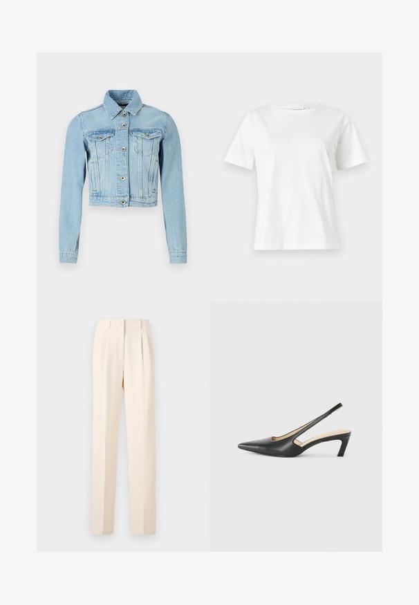 Patrizia Pepe OUTERWEAR - Traper jakna - light blue wash; Bijela pamučna majica s kratkim rukavima, okruglim izrezom i opuštenim krojem. Glatka tekstura, bez uzoraka ili akcenata, minimalistički dizajn.; Bež hlače krojene s plisama, ravnog kroja i glatke teksture. Struk je čist, bez vidljivih dijelova.; Crne cipele s izduženim vrhom i remenom oko pete, s niskom petom, izrađene od glatke kože i s izrezbarenom stranom radi prozračnosti.