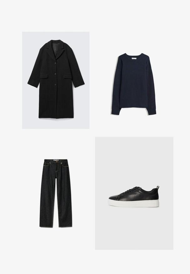 Black wool coat with a notch collar, three buttons, and two front pockets, featuring a straight silhouette and slightly cropped sleeves.; Navy blue sweater with a V-neck, long sleeves, ribbed cuffs and hem. Made of soft knit material, featuring a relaxed fit and minimal design.; Dark denim jeans with a straight-cut design, brass button closure, and contrasting yellow stitching. Features five pockets and a classic fit.; Black low-top leather sneaker with black laces and white thick rubber sole, viewed from the outer side on a white background.