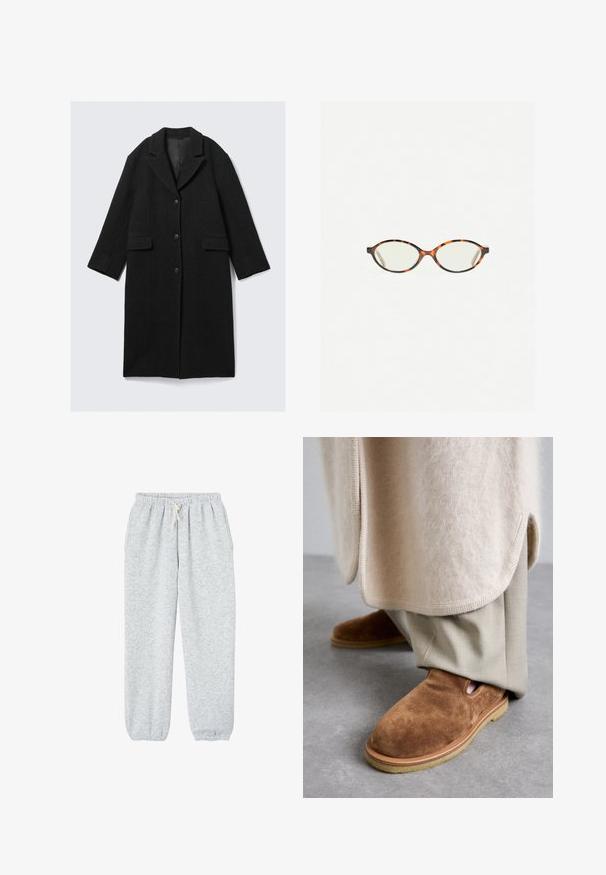 Crni vuna kaput s ovratnikom urezane forme, tri dugmeta i dva prednja Džepa, s ravnim siluetom i malo skraćenim rukavima.; Sivi skraćeni pulover od mekog, dlačastog materijala. Ima duge rukave i okrugli izrez, s glatkom, laganom teksturom.; Sive trenirke od mekog materijala, s elastičnom trakicom u struku i vezicom, te elastičnim manžetama na gležnjevima.; Smeđe suede slip-on cipele s zaobljenim vrhom, gumeni đon i detalj s bočnim izrezom, u kombinaciji sa svijetlosmeškim krojenim hlačama.; Naočale u boji kornjače s ovalnim staklima i elegantnim, glatkim završetkom. Imaju tanke strane s suptilnom krivuljom na sljepoočnicama. Prozirna stakla.; Svijetlosivi kašmir šal s uvijenim dizajnom, mekom teksturom i šiljatim krajevima. Ima malu oznaku s informacijama o brendu na vrhu.