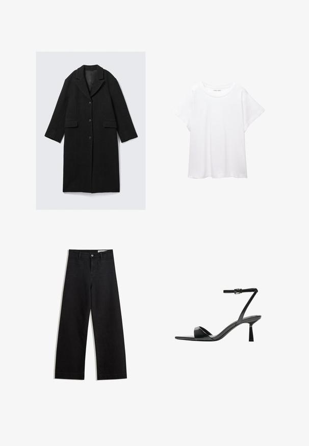 Palton negru din lână cu guler tip notch, trei nasturi și două buzunare frontale, având o siluetă dreaptă și mâneci ușor scurtate.; Tricou alb dintr-un material moale și ușor. Prezintă un decolteu rotund și mâneci scurte, largi, cu un croi lejer. Fără modele vizibile.; Pantaloni din denim negri cu picioare largi, cu talie înaltă, având buzunare frontale și posterioare, cusături dublate și închidere cu nasture. Textură netedă.; Bershka Sandale cu toc - black