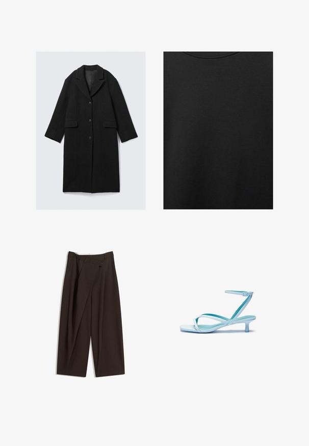 Black wool coat with a notch collar, three buttons, and two front pockets, featuring a straight silhouette and slightly cropped sleeves.; Black cotton fabric with smooth texture and a round neckline, featuring a subtle, even grain pattern. No visible logos or accents.; Dark brown wide-leg trousers with a high waist, featuring a single button closure and a pleated front. Made from lightweight fabric.; Light blue strappy sandal with a square toe, low heel, adjustable ankle strap, and smooth, glossy finish. Crossed straps on the footbed.