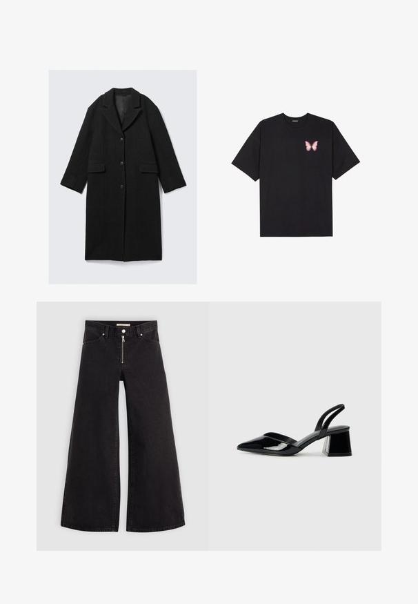 Zwarte wollen jas met een notch-kraag, drie knopen en twee voorzakken, met een rechte silhouet en iets verkorte mouwen.; Zwarte katoenen t-shirt met korte mouwen, voorzien van een kleine roze vlinder graphic op de linkerkant van de borst. Crew neck ontwerp met een relaxte fit.; Wijdvallende jeans van zwarte denim met een ritssluiting aan de voorkant, vijf zakken en subtiele stikdetails. Soepele textuur en casual stijl.; Zwarte gepatineerde leren slingback hakken met een spitse neus en een geometrische blokhak. Kenmerkt zich door een slank, minimalistisch ontwerp en een gladde textuur.