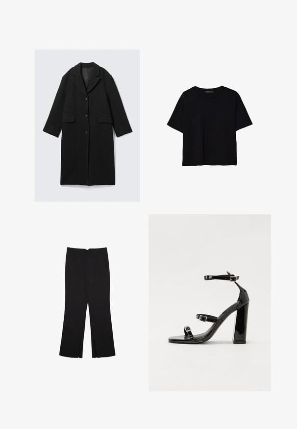 Črn volnen plašč z izrezanim ovratnikom, tremi gumbi in dvema sprednjima žepoma, z ravno silhueto in rahlo skrajšanimi rokavi.; Črna kratkotrajna majica brez rokavov iz bombaža. Ima okroglo ovratnico in sproščen kroj z gladko, enostavno teksturo. Brez vidnih vzorcev ali dodatkov.; Črne hlače ravnega kroja z naglavnimi žepi in stranskimi razporki na robu. Narejene iz mehke, gladke tkanine. Primerne za različne priložnosti.; Črne lakirane sandale s peto, kvadratnim prstom, trakovi okrog gležnja in srebrnimi zaponkami. Opremljene so s stabilno Debelo peto.