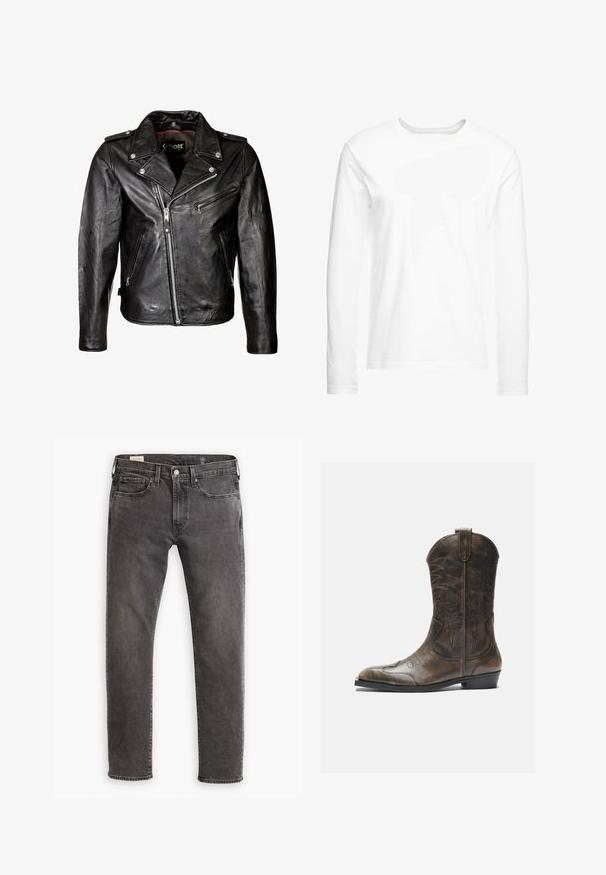 Black leather motorcycle jacket with silver zippers, snap closures, and a classic collar. Features multiple zippered pockets and a distressed texture.; Long-sleeve white t-shirt made of soft cotton. Crew neckline with straight cut hems and no visible patterns or graphics.; Gray denim jeans with a straight cut, five-pocket design, and a button fly. Features subtle fading and tonal stitching throughout.; Brown leather cowboy boot with a tall shaft, pointed toe, intricate stitching patterns, and a small heel. Textured finish throughout.