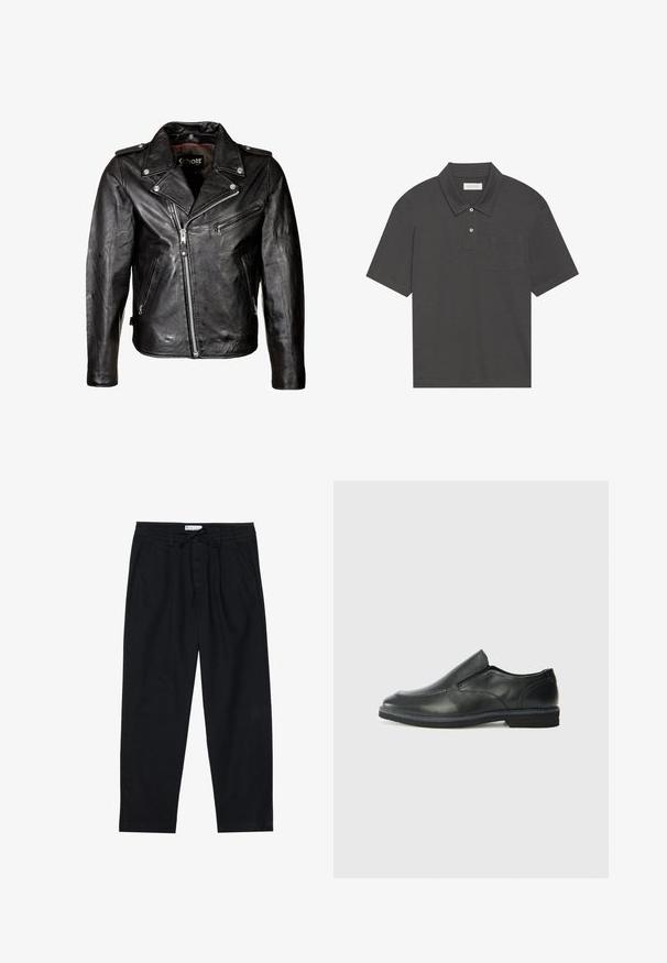Juodas odinis motociklininko švarkas su sidabriniais užtrauktukais, spaudėmis ir klasikinėmis apykaklėmis. Yra kelios užtrauktukais uždaromos kišenės ir nusidėvėjusi tekstūra.; Tamsiai pilkas polo marškinėliai su tradicine apykakle, trimis sagomis, trumpomis rankovėmis ir kairiuoju krūtiniu kišeniu. Lygi audinio tekstūra.; Pier One Chino stiliaus kelnės - black; Juodai odiniai įtvirtinimo batai su lygiu paviršiumi, siuvinėjimo akcentais, apvalia nosimi ir žemu guminiu kulnu. Pado raštas minimalus.