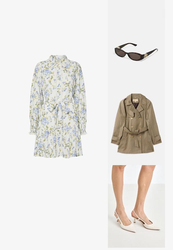 Kaksiriviline mantel heledast kangast geomeetrilise mustriga, millel on kuldsed nupud, vöödiga talje ja sakilised kraed.; Valge lilleline kleit siniste ja roheliste lilledega, millel on krae, nööbiga esitasku, pikad varrukad elastsete mansettide ja talje seotud lipsuga.; Beesek patentnaha slingback kontsad 5 cm kontsaga, millel on terav nina ja lõigatud külgedega ning õhuke pahkluu rihm.; Kilpkonnakilbi stiilis prillid piklik-ovaalsete läätsede, pruunika tooniga, kuldsete logo aktsentidega templitel ja elegantsed mustad varred.