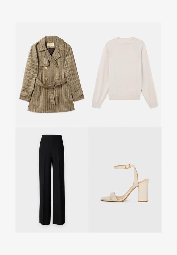 Manteau croisé en tissu tan avec un motif géométrique, doté de boutons dorés, d'une taille ceinturée et d'un col cranté.; Pull léger en crème, fabriqué en tissu tricoté doux. Présente un col rond, des manches longues, et des poignets et un ourlet côtelés avec un design de manches raglan.; Pantalons noirs à jambes larges avec une texture lisse, dotés d'une taille haute et de plis centraux. Pas de motifs visibles ni de détails en matériel.; Sandale à talon haut beige avec un bout carré, une fine bride de cheville et un talon carré. Texture en cuir lisse avec un détail de boucle dorée.
