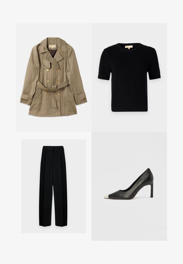 Manteau croisé en tissu tan avec un motif géométrique, doté de boutons dorés, d'une taille ceinturée et d'un col cranté.; Pull noir en tricot à manches courtes avec un col rond. Présente une texture côtelée et un ourlet droit. Étiquette à l'intérieur du col.; Pantalons noirs à jambes larges avec une taille haute, présentant des plis et une texture lisse. Le tissu semble léger et tombe élégamment.; Chaussure à talon haut en cuir noir avec bout pointu et capuchon argenté métallique. Présente une finition lisse et un talon fin de 10 cm.