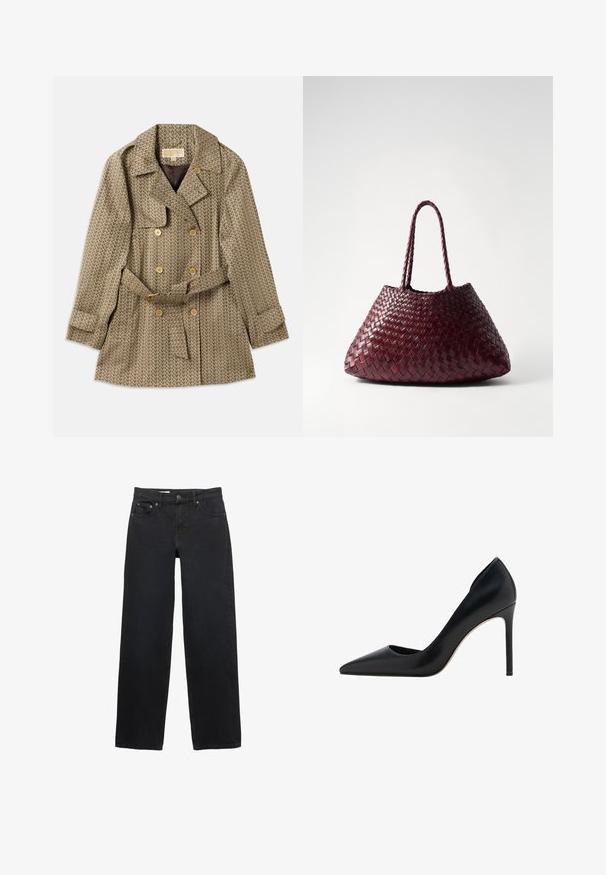 Wendejacke aus einem Tan-Stoff mit geometrischem Muster, ausgestattet mit goldenen Knöpfen, einem Gürtel in der Taille und einem gewellten Kragen.; Langärmeliges Blusenshirt aus dunkelbraunem, plissiertem Stoff. Verfügt über einen hohen Kragen mit Krawatten-Detail und gekrempelte Ärmel. Glatte, leichte Textur.; Schwarze weit geschnittene Jeans aus Denim, mit fünf Taschen, einem Knopfverschluss, dezenten Nähten und einem geraden Schnitt von der Taille bis zum Saum.; Mango High Heel Pumps - black; DRAGON DIFFUSION SANTA CROCE BIG - Handtasche - bordo