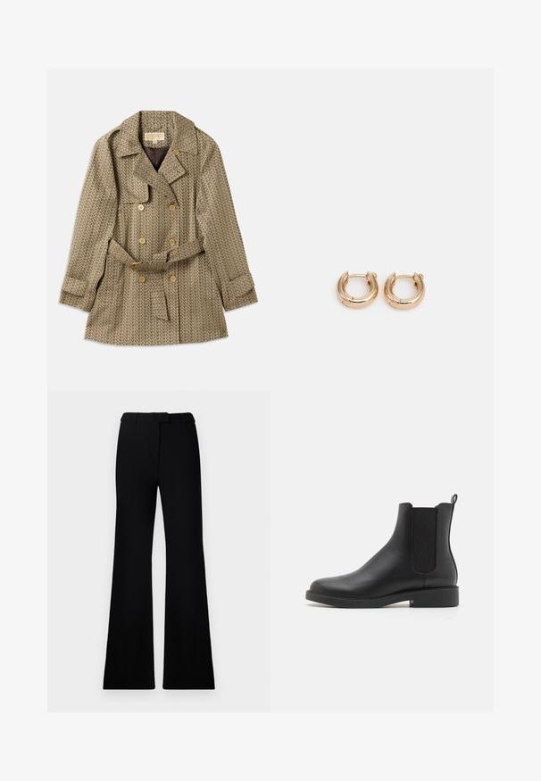 Manteau croisé en tissu tan avec un motif géométrique, doté de boutons dorés, d'une taille ceinturée et d'un col cranté.; Débardeur blanc à côtes avec un décolleté en scoop, fabriqué en matière douce. Le design présente une coupe ajustée et une texture subtile sur l'ensemble du tissu.; Pantalons évasés noirs avec une texture lisse, une taille cintrée et des poches avant, conçus avec une silhouette moderne et élégante.; Bottines en cuir noir avec des panneaux élastiques sur les côtés, bout arrondi, petit talon carré et une languette à l'arrière pour un enfilage facile.; Boucles d'oreilles en or avec une finition polie, présentant un design circulaire épais et un mécanisme de fermeture sécurisé. Texture lisse et apparence brillante.