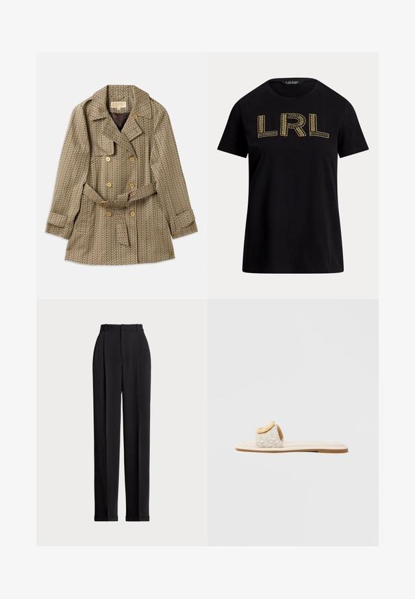 Dubbelgevoerde jas in een tan stof met een geometrisch patroon, voorzien van gouden knopen, een ceintuur rond de taille en een reverskraag.; Zwarte katoenen t-shirt met korte mouwen, voorzien van gouden geborduurde "LRL" tekst op de voorkant. Ronde halslijn, relaxte pasvorm, zachte textuur.; Zwarte op maat gemaakte broek met een hoge taille, voorzien van plooien aan de voorkant, een recht gesneden ontwerp en een omslagrand. Gemaakt van een soepele stof.; Slide-sandaal met een beige band met een geometrisch patroon, een afgeronde gele accent op de bovenzijde en een platte, lichte zool.