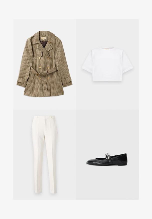 Kaksiriviline mantel heledast kangast geomeetrilise mustriga, millel on kuldsed nupud, vöödiga talje ja sakilised kraed.; Lühikeste varrukatega, pehmest kangast lõigatud valge T-särk, millel on ümar kaelus ja soonikuga ääred. Lihtne ja ilma kaunistusteta disain.; Valged kohandatud püksid kitsas lõikes, millel on kaks eesmist taskut, topeltnupuga sulgemine ja peened külgedetailid. Sile tekstuur.; Mustadest nahast balleti kingad terava varbaga, millel on rihm ümmarguse metallist pandlaga ja lame tald.
