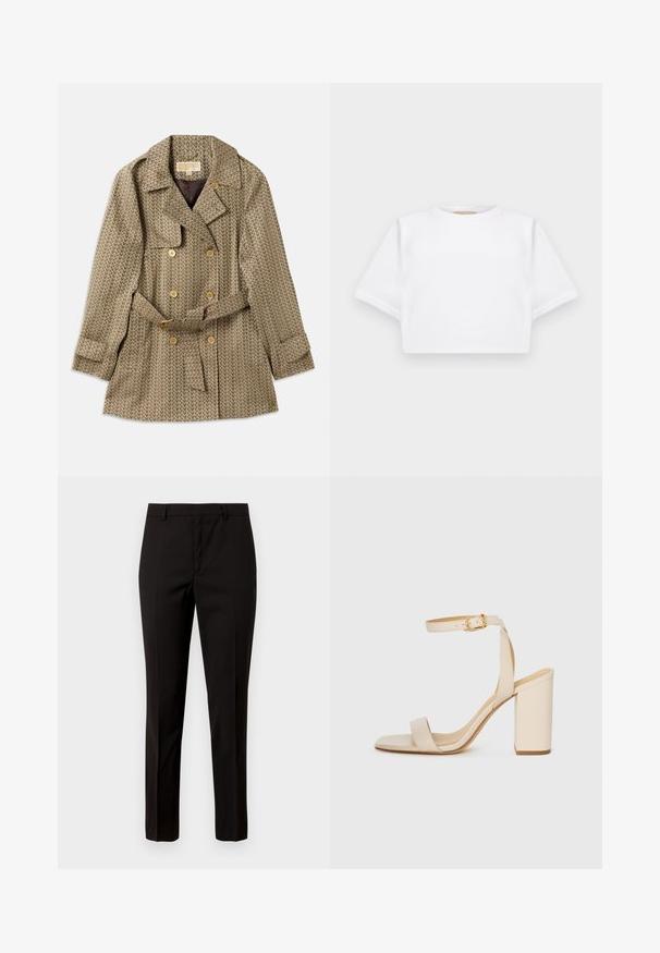 Dvoredni plašč iz svetlo rjave tkanine z geometrijskim vzorcem, z zlatimi gumbi, pasom in ovratnikom v obliki izreza.; Kratka bela majica iz mehkega materiala, s kratkimi rokavi, okroglega izreza in rebrastimi robovi. Preprost in neokrašen dizajn.; Črne krojene hlače s ravnim krojem, narejene iz gladkega blaga, s sploščenim prednjim delom in zankami za pas. Ni vidnih vzorcev ali poudarkov.; Bež visoke sandale s kvadratnim nosom, tankim trakicama okoli gležnja in blok peto. Gladka usnjena tekstura s podrobnostjo v zlati barvi.