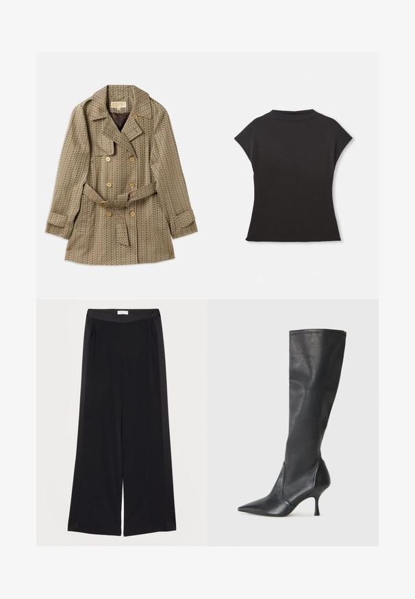 Cappotto doppiopetto in una stoffa beige con un motivo geometrico, dotato di bottoni dorati, vita a cintura e colletto a punte.; Top nero a maniche corte con scollatura alta e vestibilità morbida. Realizzato in tessuto morbido con una superficie liscia. Nessun motivo o grafica visibile.; Pantaloni neri a gamba larga realizzati in un tessuto morbido, con vita piatta, pieghe e tasche laterali. Linee pulite con dettagli minimi.; Stivali neri in pelle al ginocchio con punta affusolata e tacco a stiletto sottile. Texture liscia con design aderente e cuciture lungo il bordo superiore.