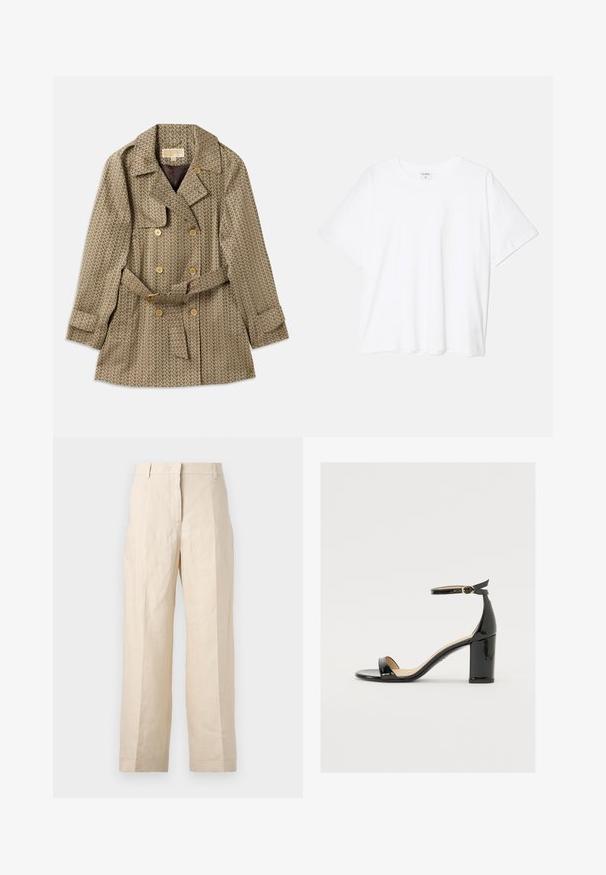 Dubbelgevoerde jas in een tan stof met een geometrisch patroon, voorzien van gouden knopen, een ceintuur rond de taille en een reverskraag.; Witte katoenen t-shirt met korte mouwen, ronde halslijn, comfortabele pasvorm en gestikte zoom. Etiket zichtbaar aan de binnenzijde van de hals.; Beige linnen broek met een losse pasvorm, geplooide voorkant en rechte pijpen. Beschikt over een tailleband met riemlussen en geen zichtbare zakken.; Zwarte lakleren sandaal met een brede hak, open teen en enkelbandje met een gouden gesp. Zachte textuur en strak ontwerp.