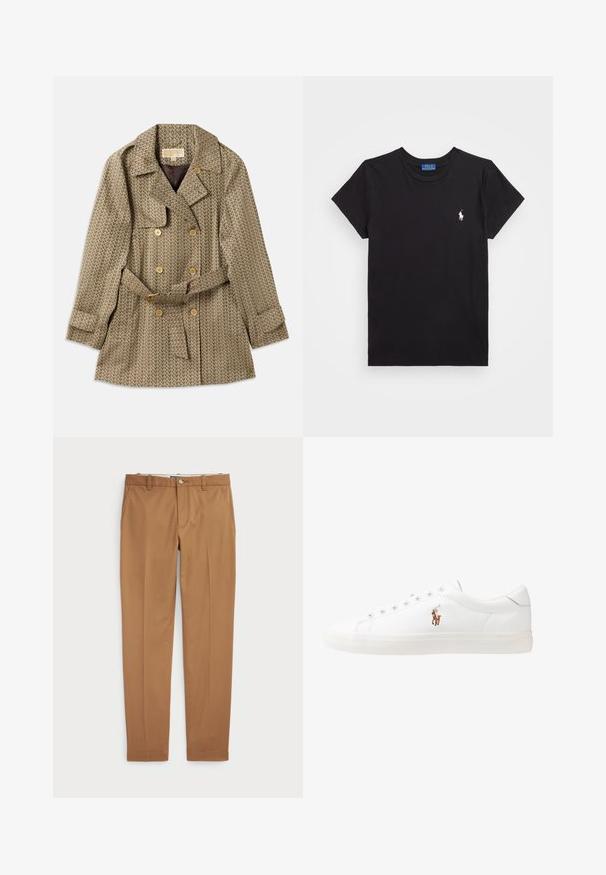 Dvoredni plašč iz svetlo rjave tkanine z geometrijskim vzorcem, z zlatimi gumbi, pasom in ovratnikom v obliki izreza.; Črna bombažna majica s krožnim izrezom, kratkimi rokavi in belim vezenim logojem na levem prsnem delu. Gladka tekstura, ležeren dizajn.; Rjave bombažne hlače s slim-fit obliko, ravnim sprednje delom in standardnimi žepi; gladka tekstura in obrobljeni robovi.; Bela usnjena teniski čevlji, nizki model, z gladko teksturo, okrogle konice, vezavi spredaj ter majhnim vezenim logotipom na strani.