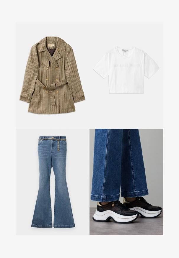 Divkāršs mētelis tan krāsā ar ģeometrisku rakstu, ar zelta pogām, jostu viduklī un izgrieztu apkakli.; Balta īsā T-kreklā, kas izgatavots no kokvilnas, ar īsām piedurknēm un "MICHAEL KORS" logotipu, kas izšūts atbilstošā tekstā priekšā.; Izvērstas zilos džinsos ar vidēju mazgāšanu, kurām ir zelta ķēdes akcents jostas daļā un standarta piecu kabatu dizains.; Melni un zelta sporta apavi ar izliekta baltā zoli. Teksturēts audums ar logotipa akcentiem. Pāris ar platām zila džinsa biksēm.