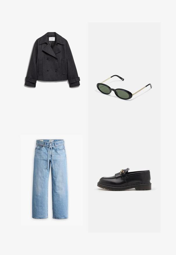 Šedý dvouřadový zkrácený kabát z vlny, který má široké klopy, dvě přední kapsy a ohrnuté manžety s knoflíkovými detaily.; Bílý krátký rukáv bavlněného trička s kulatým výstřihem a volným střihem, bez viditelných vzorů nebo grafik.; Světle modré džínové široké kalhoty s vysokým pasem, zapínáním na knoflík a zip, a šňůrkou v pase. Obroušené zakončení.; Černé kožené mokasíny s kulatou špičkou, dekorativním třásněním a zlatými detaily. Silná gumová podešev pro lepší trakci a odolnost.; Sluneční brýle oválného rámu se zelenými skly, čelní část z černého plastu a tenké zlaté kovové stranice. Vyznačuje se minimalistickým designem s hladkým povrchem.