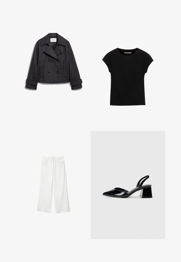 Sivši dvoredni skrajšan plašč iz volne, s širokimi klapnicami, dvema sprednjima žepoma in zvitimi manšeti z gumbastimi detajli.; Črna kratka majica s kratkimi rokavi, narejena iz mehke tkanine, z okroglim izrezom in sproščenim krojem, z gladko teksturo in brez vzorcev.; Bela široka hlače iz mehkega materiala, z vrvico v pasu in dvema sprednjima žepoma. Gladek texture in brez vidnih vzorcev.; Črne lakirane slingback pete s koničastim nosom in geometrijsko blokasto peto. Imajo eleganten, minimalističen dizajn in gladko teksturo.