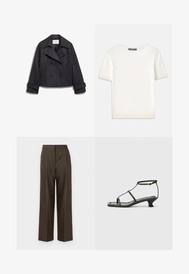 Grijze dubbelgeknoopte cropped jas van wol, met grote revers, twee voorzakken en opgerolde manchet met knoopaccenten.; Witte gebreide top met korte mouwen en een ronde halslijn, met een gladde textuur en subtiele ribgebreide accenten bij de mouwen en de zoom.; Bruine wijde broek met een gladde textuur, voorzien van een hoge taille, plooien aan de voorkant en een tailored ontwerp. Geen zichtbare zakken of versieringen.; Zwarte leren sandaal met een vierkante neus, dunne banden, een verstelbare enkelriem en een lage hak. Heeft een kleine gouden accent op de band.