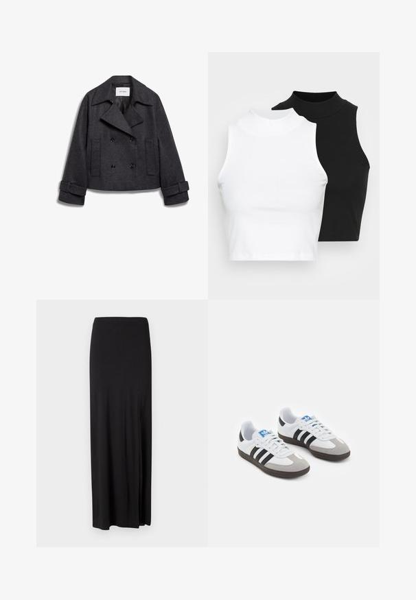 Grå dobbeltramat cropped frakke lavet af uld, med store revers, to forlommer og optrukne manchetter med knapdetaljer.; To kjoleløse ribbede turtleneck-toppe i sort og hvid, med en tætsiddende design og glat tekstur, samt cropped længde.; Sort maxi nederdel lavet af blødt, strækbart materiale. Har et sideslids og et enkelt, strømlinet design uden udsmykninger.; Sportsko med en overdel i hvid læder, grå ruskind på tåen og tre sorte striber. Har et blåt logo på tungen og en struktureret gummisål.