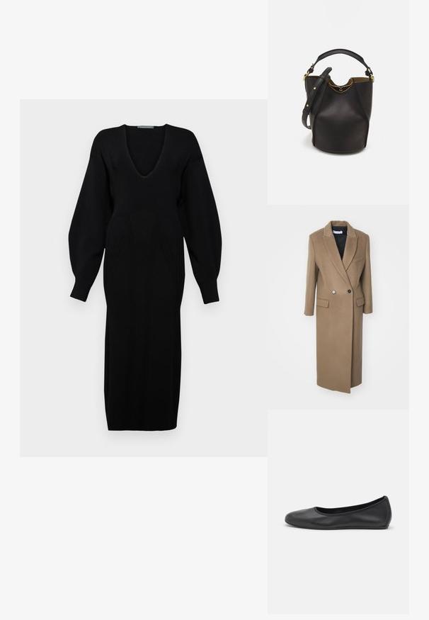 Iro CELESTA - Classic coat - khaki; Black knitted dress with a deep V-neck, long voluminous sleeves, and textured pattern detailing on the bodice.; Black leather ballet flat with a rounded toe, smooth texture, minimal stitching detail, and a flexible sole design.; Black leather bucket bag with a textured finish, gold hardware accents, and an open top. Features a short handle and adjustable shoulder strap.
