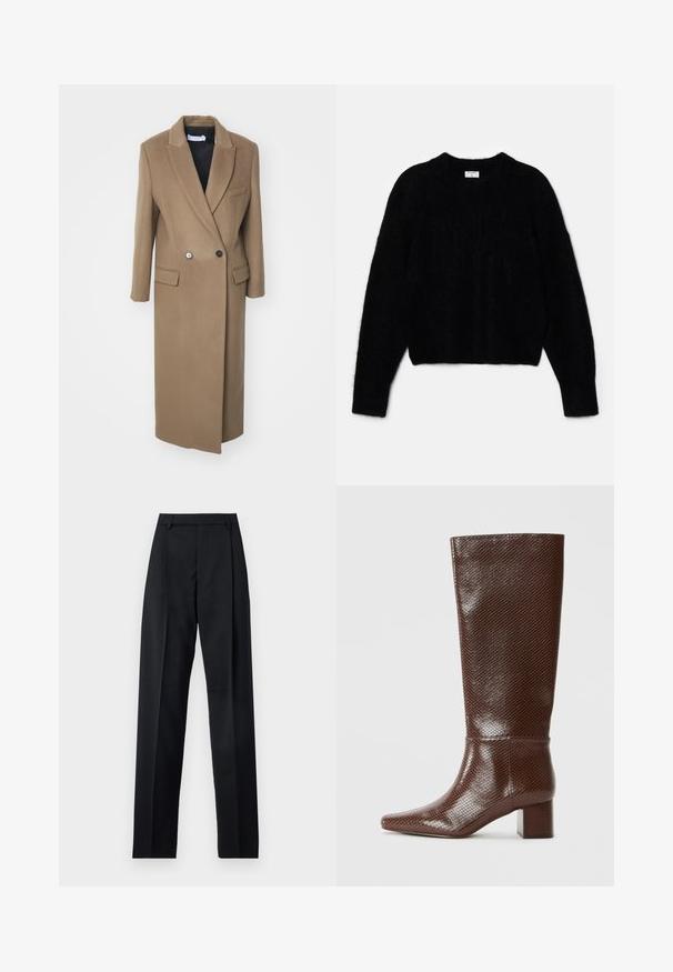Iro CELESTA - Casaco clássico - khaki; Sweater preto cropped feito de material fofinho. Apresenta um decote redondo e mangas longas com uma textura suave. Design minimalista, sem padrões.; Calças pretas feitas de um tecido suave, com uma cintura alta, pernas largas, pregas frontais e passadores de cinto clássicos. Não há bolsos laterais visíveis.; Bota castanha até ao joelho com textura de pele de cobra, bico quadrado e salto bloco contra um fundo branco liso.