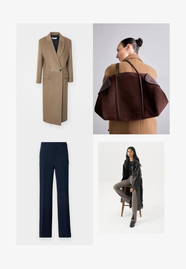Iro CELESTA - Klasičan kaput - khaki; Bijela pamučna majica s kratkim rukavima i okruglim izrezom. Ima opušteni kroj i minimalistički dizajn bez uzoraka ili detalja.; Tamno plave hlače od glatkog materijala, s pravim nogavicama, prednjim plisiranim detaljima i bočnim džepovima za elegantan izgled.; Crni kožni trench kaput s gumbima i detaljima na remenu, uparen s svijetlosmešavim uskim hlačama i crnim loafericama, sjedeći na drvenoj stolicu.; Smeđa nubuk torba s tamnim kožnim detaljima, koja ima strukturirani oblik i dvostruke ručke, drži se prebačena preko ramena uz bež kaput.