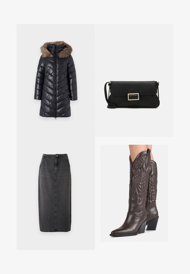 Melna puffa mēteli ar ševronu rakstu, ar rāvējslēdzēja aizdari un noņemamu mākslīgās kažokādas kapuci. Garas piedurknes, spīdīga tekstūra, līdz ceļiem garš dizains.; ONLY ONLSARA GLITTER - Adīta jaka - pumice stone/black/gold glitter; Balta bezpiedurkņu topiņš no ribotā auduma, ar noapaļotu kakla izgriezumu un pieguļošu siluetu, ar minimālām šuvēm un bez rotājumiem.; Melnas džinsīgas midi svārki ar taisnu griezumu, priekšējo pogu aizdari un sānu kabatām. Raksturīga gluda tekstūra un viegla izbalēšana.; Brūni ādas kovboju zābaki ar norādītu purngalu un blokveida papēdi, ar detalizētu šūšanu un paceltiem akcentiem uz kājas daļas.; Melnas ādas saķeres soma ar atloku un zelta metāla sprādzi. Ietver melnu siksnu un elegantu, minimālistisku dizainu.