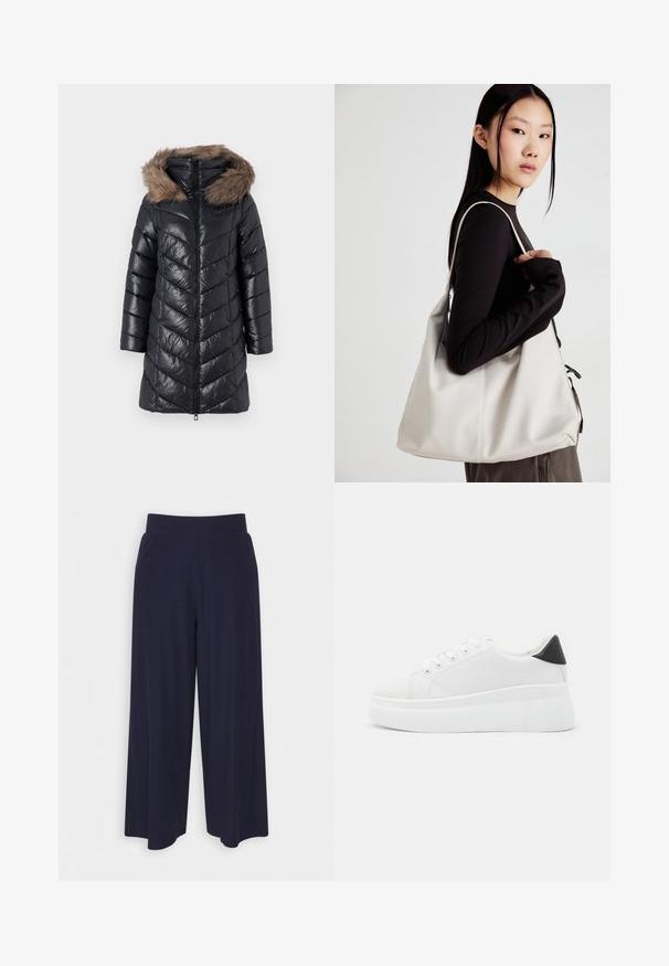 Černý prošívaný kabát s klikatým vzorem, se zipovým zapínáním a odnímatelnou kapucí z umělé kožešiny. Dlouhé rukávy, lesklá textura, délka do kolen.; Bílý bezrukávový top s kulatým výstřihem. Vyroben z hladkého materiálu, má volný střih a minimalistický design. Bez vzorů nebo akcentů.; Široké kalhoty z tmavě námořnické tkaniny s žebrovanou strukturou. Obsahují hladký pas a splývavý siluetu, dosahující délky po polovinu lýtek.; Bílé platformové tenisky vyrobené z hladkého syntetického materiálu, s kulatou špičkou, šněrováním a texturovanou gumovou podrážkou. Černý akcent na patě.; Beige kabelka vyrobená z měkkého materiálu, s volným designem, prošívanými detaily a dvěma ramenními popruhy. Vhodná pro každodenní použití.