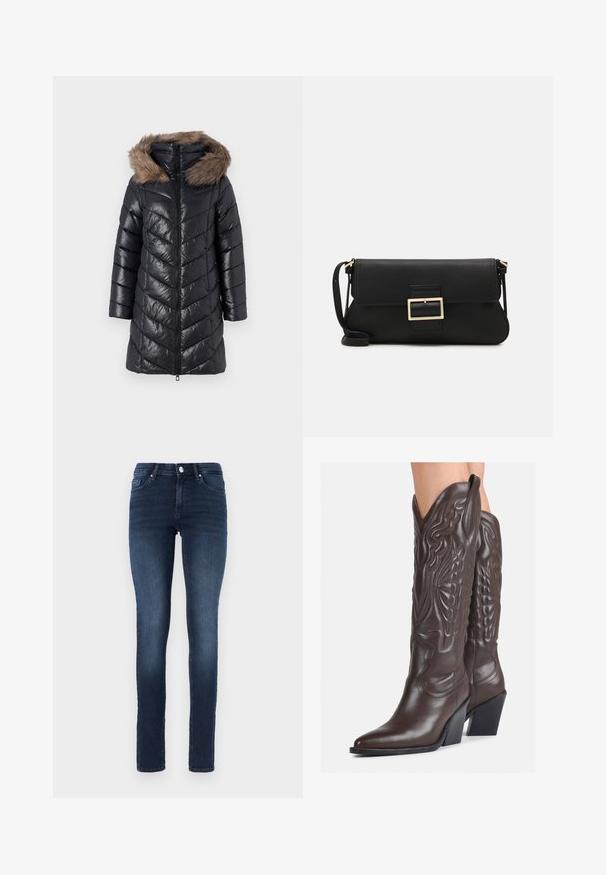 Geacă puffer neagră cu un model în zigzag, închidere cu fermoar și glugă detașabilă din blană sintetică. Mâneci lungi, textură lucioasă, design până la genunchi.; Top alb fără mâneci, confecționat din material ribbed, prezentând un decolteu rotund și o siluetă ajustată, cu cusături minime și fără ornamente.; Jeans skinny de culoare albastru închis, din denim, cu un design clasic cu cinci buzunare, sistem de prindere cu nasture și decolorare subtilă pe coapse.; Bocanci de cowboy din piele maro, cu vârf ascuțit și toc pătrat, având cusături detaliate și accente ridicate pe tijă.; Geantă de mână din piele neagră, cu clapetă și un detaliu din metal auriu. Include o curea neagră și un design elegant, minimalist.; Cercei din argint cu un design torsadat, având un finisaj lucios și închidere cu tijă. Au un diametru de aproximativ 3 cm.