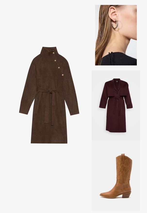 Bordo vilnos mišinio paltas su įpjovimais ant apykaklės, trumpa striukės apdaila, dviem mygtukais ir atitinkančiu diržu. Ilgos rankovės, vidutinio ilgio.; Ruda megzta suknelė su aukštu raštuotu apykakle, šoninėmis sagomis ir atitinkamu audinio diržu. Raštuotos rankogaliai ir apatinė dalis suteikia tekstūros.; Ruda odinė kantri batai su smailiu būtų pirštu, siuvinėtais spiralės raštais ant viršaus ir su kamščiu blokuotu kulnu. Yra tamprių užtraukių, kad būtų lengviau užsidėti.; Sidabrinė lankinė auskarai su poliruotu paviršiumi, turintys mažus auksinius akcentus ir apvalią formą, dėvimi ant ausies kaušelio.