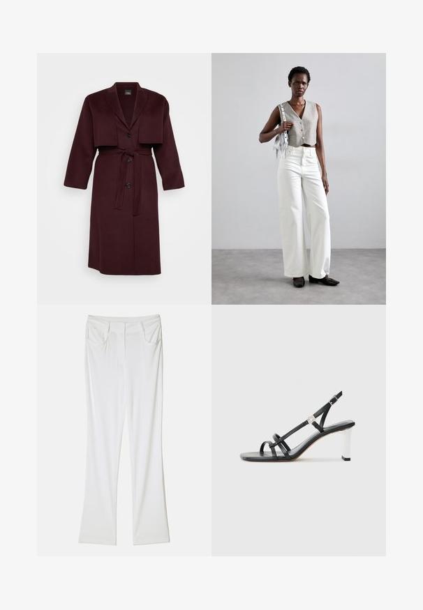 Bordo vilnos mišinio paltas su įpjovimais ant apykaklės, trumpa striukės apdaila, dviem mygtukais ir atitinkančiu diržu. Ilgos rankovės, vidutinio ilgio.; Juoda ilgomis rankovėmis palaidinė iš lygaus audinio, su sagų uždarymu priekyje ir rišimo detale kaklo srityje. Klasikinis apykaklė ir rankovės su užrašais.; Baltos platėjančios kelnės su lygiu audinio paviršiumi, turinčios dvi priekinės kišenes ir siuvinėtą juosmenį, suteikiančios prigludusią išvaizdą.; Juodi suknelės sandalai su keliais siaurais dirželiais, slingback dizainas ir sidabro akcentu ant kulno. Lygus viršutinis medžiagos paviršius ir kvadratinis kulnas.; Pilkas trumpas liemeniukas su sagomis, derinamas su baltomis plačiomis kelnėmis ir juodais butais be kulno. Papuoštas mažąja sidabrine frakcionuotų rankinuke.