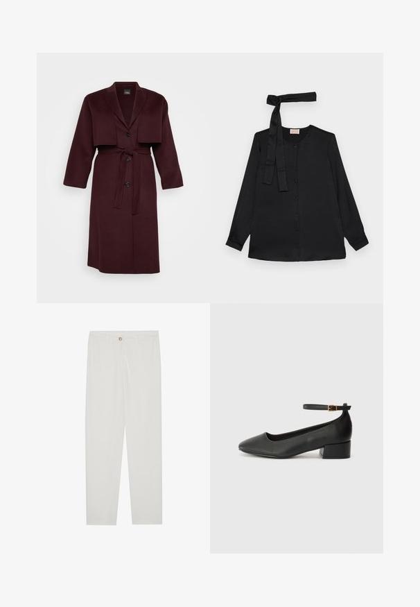 Burgonya színű gyapjú keverék kabát, bemetszett hajtókával, rövidített kabát átkötéssel, két gombbal és illeszkedő szalaggal. Hosszú ujjak, közepes hosszúságú.; Fekete, hosszú ujjú blúz sima anyagból, gombos elülső résszel és megkötős részletekkel a nyaknál. Klasszikus gallér és mandzsettás ujj végződések.; Fehér, testreszabott nadrág egyenes szárú szabással, gombos záródással, övcsatolókkal és oldalsó zsebekkel; sima textúrájú anyag.; Fekete bőr magassarkú cipő hegyes orral és alacsony tömb sarkal. Bokapánttal rendelkezik, aranyszínű csattal. Simább textúra.